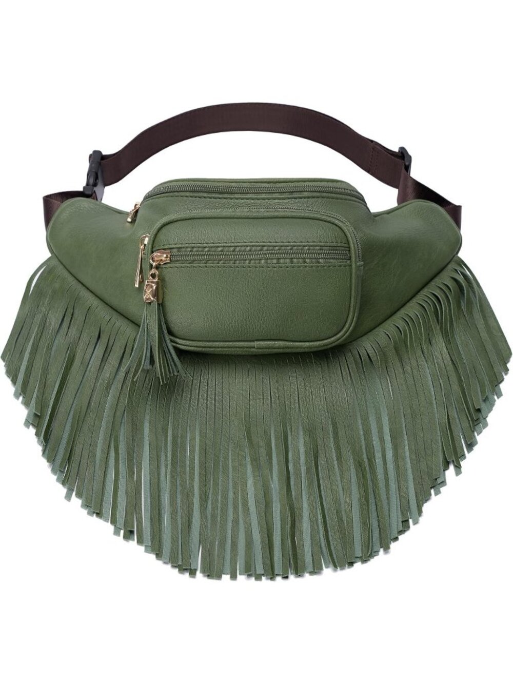Women's Olive Fringe Waist With Multi Zipper Pockets Fanny Pack Travel Bags